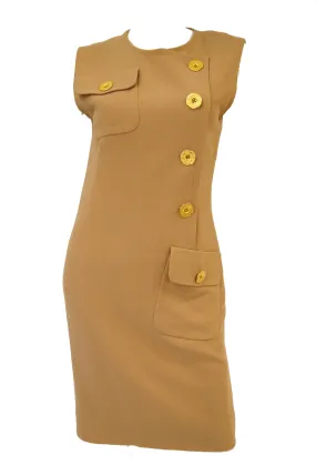 1980s Givenchy Couture Camel Wool Shift Dress w/ Gold Button and Pocket Detail