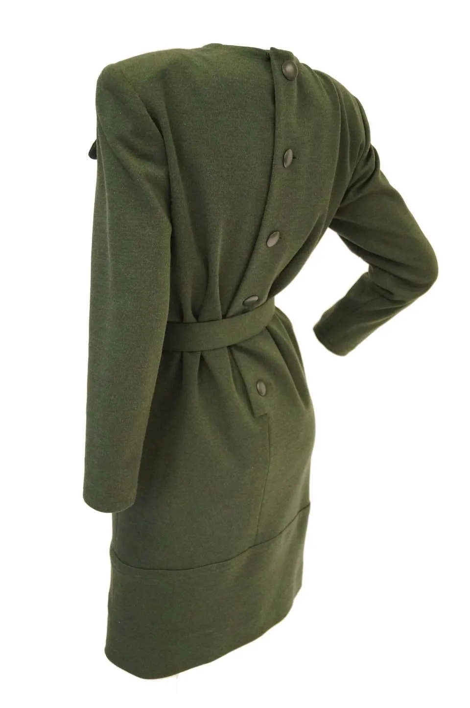 1980s Givenchy Couture Olive Green Wool Button Back Dress