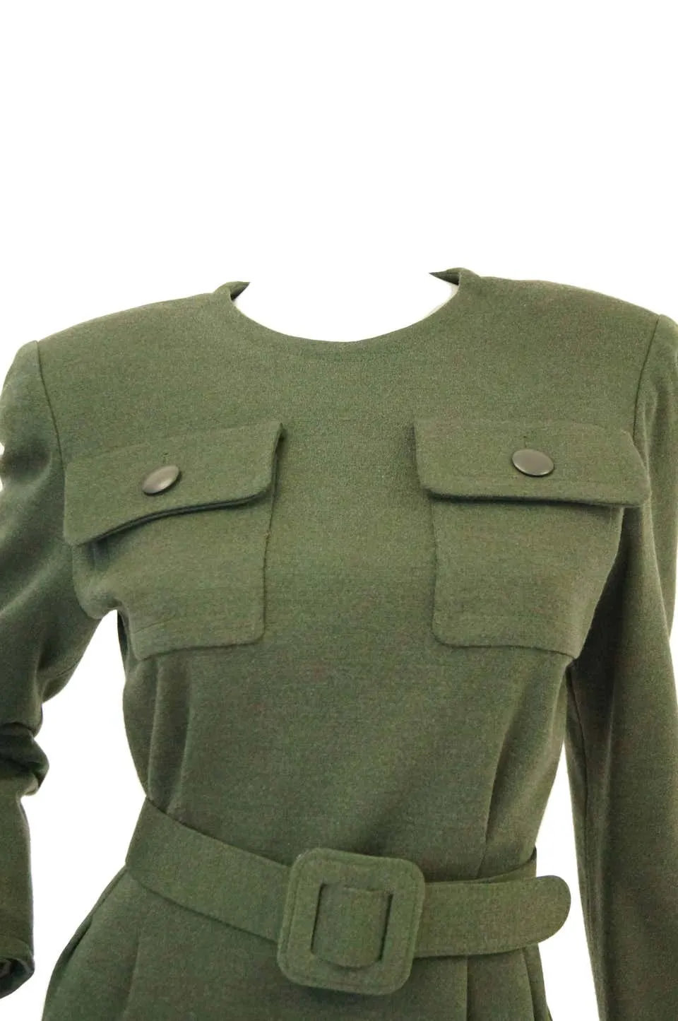 1980s Givenchy Couture Olive Green Wool Button Back Dress