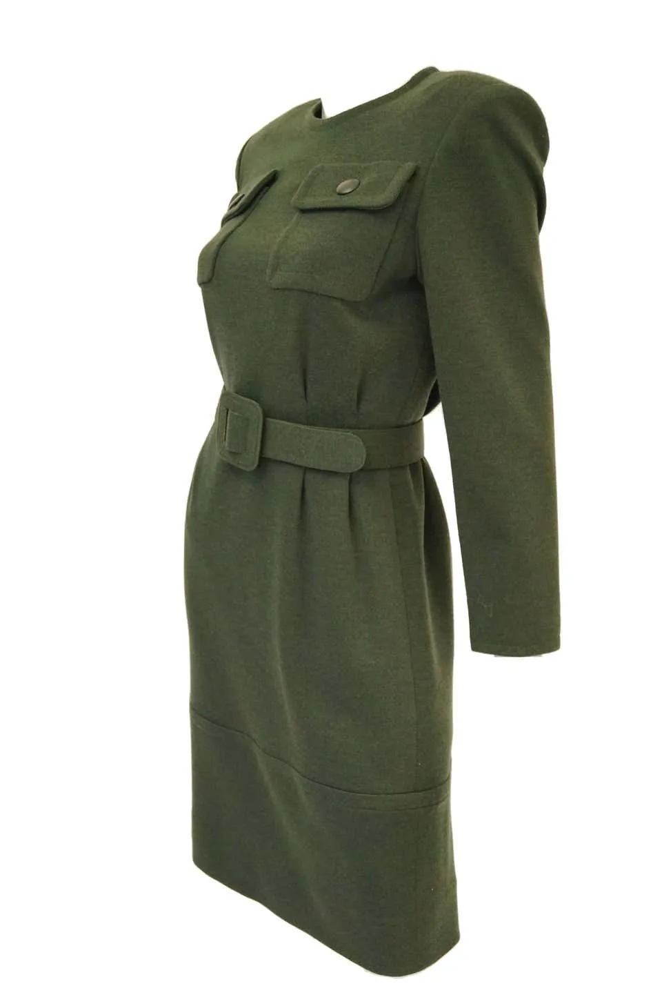 1980s Givenchy Couture Olive Green Wool Button Back Dress