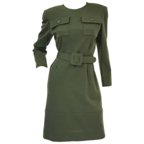 1980s Givenchy Couture Olive Green Wool Button Back Dress