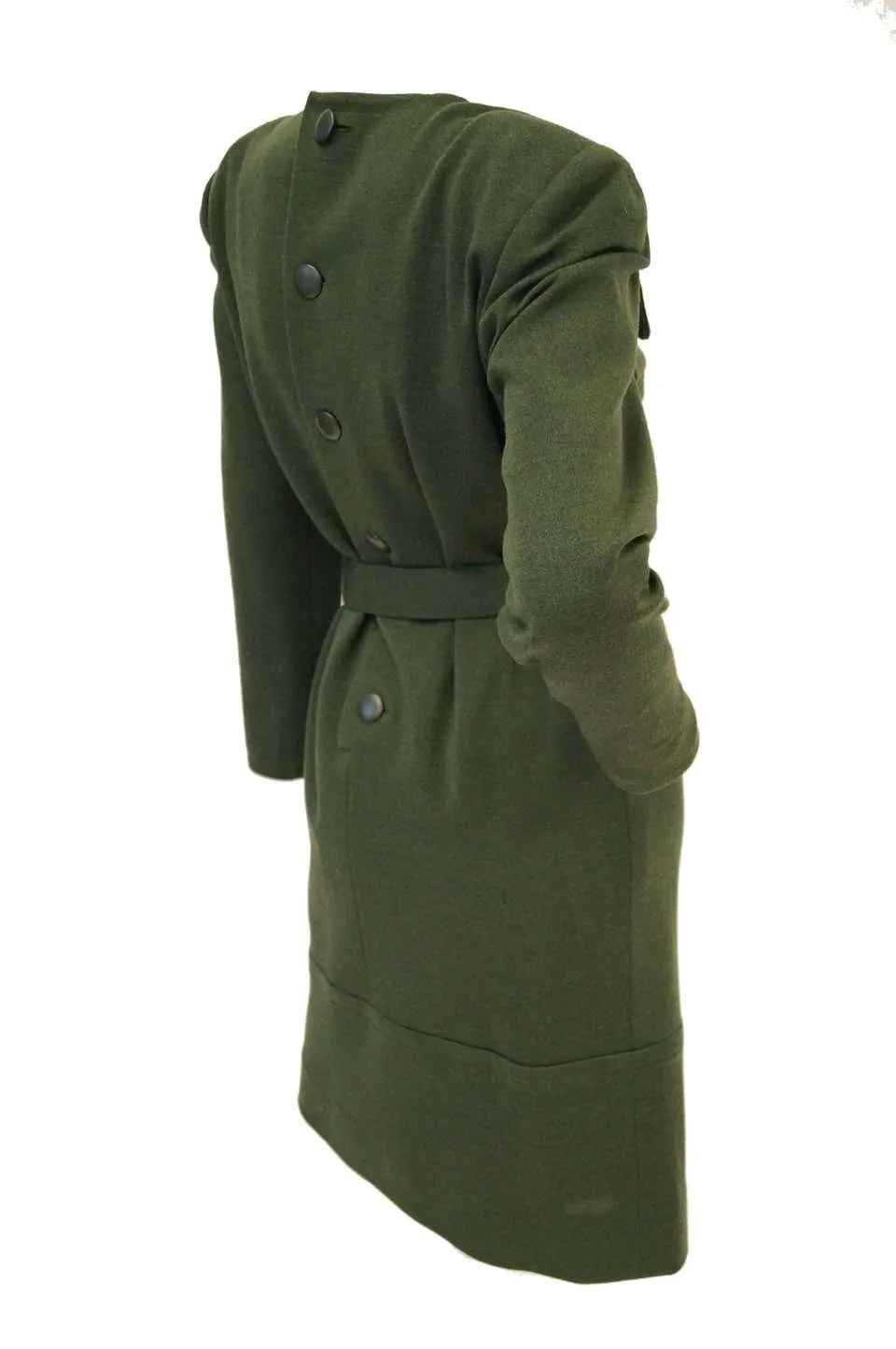 1980s Givenchy Couture Olive Green Wool Button Back Dress