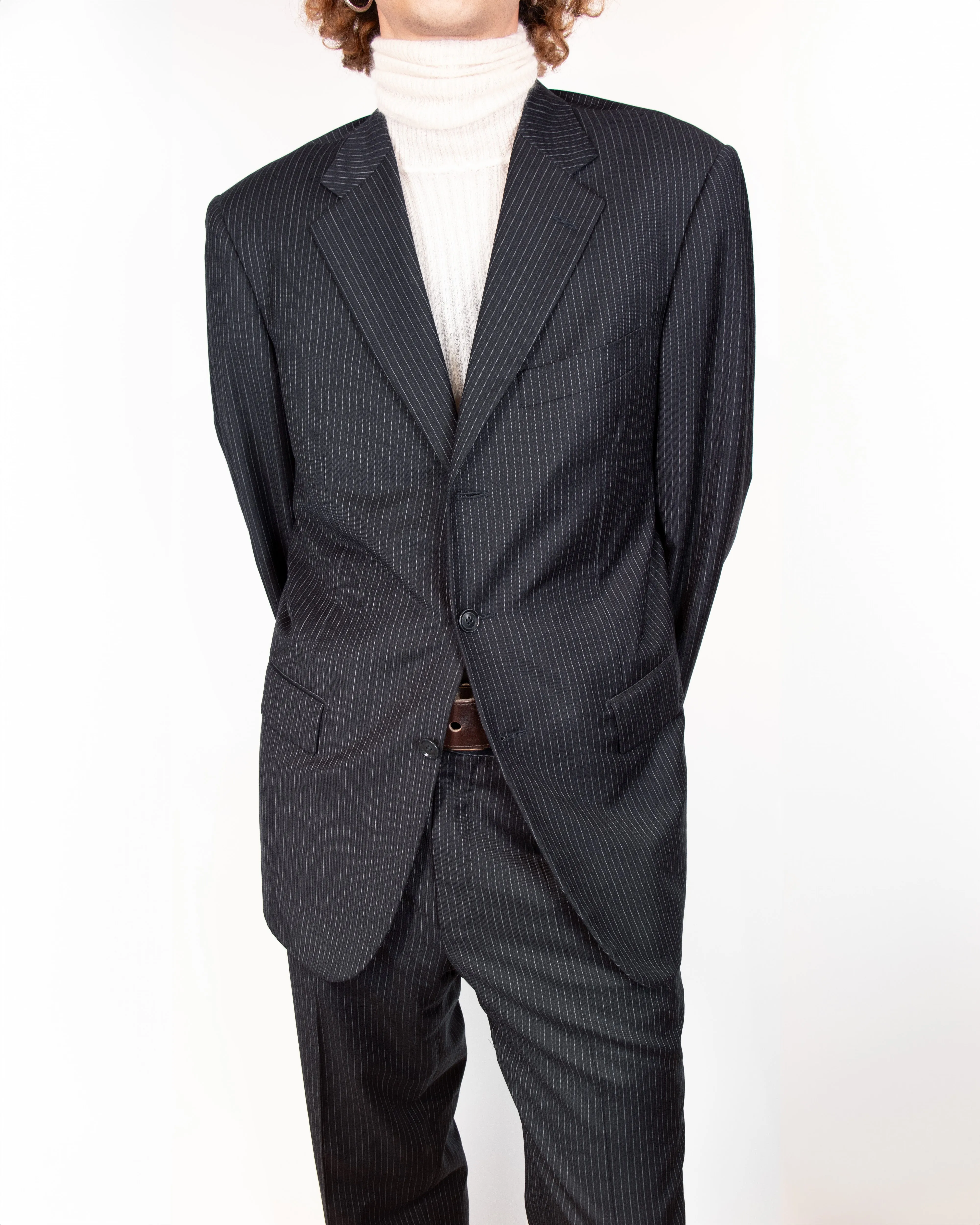 1990s Pal Zileri Black Pinstripe Wool Suit XL