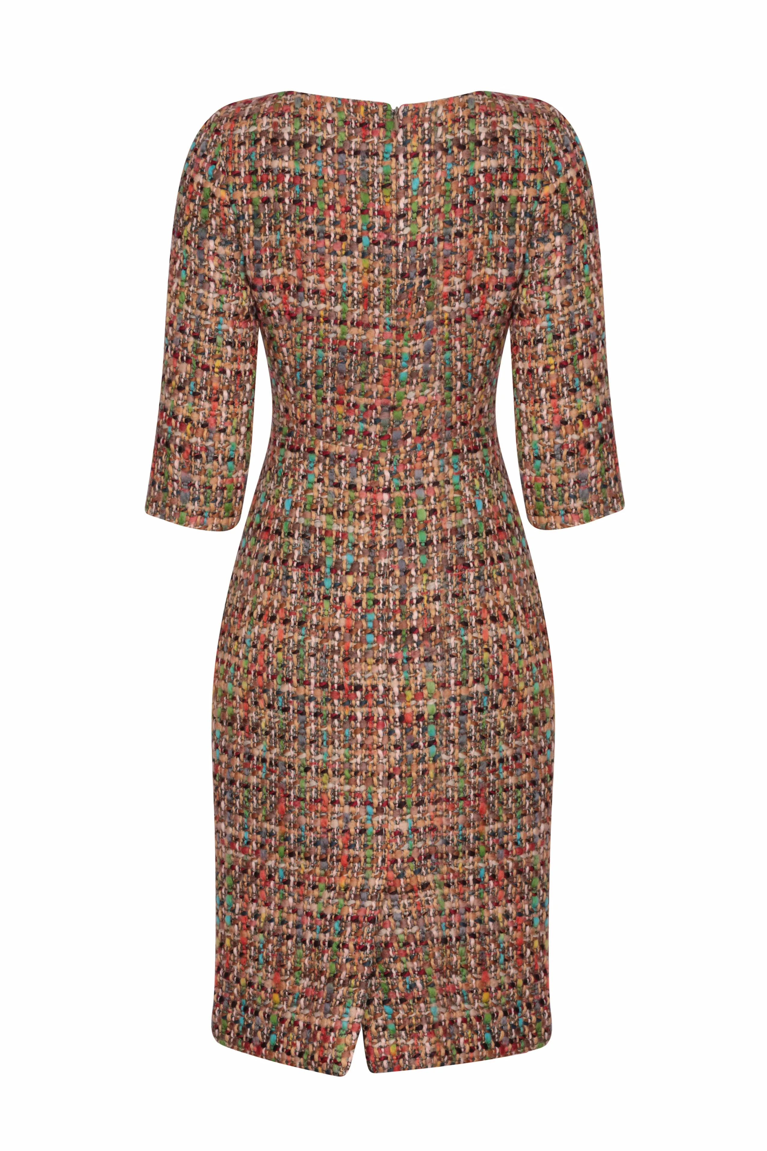 3/4 Sleeve Check Tweed Dress in Browns - Angela