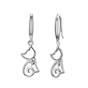 925 Sterling Silver Cat Drop Earrings