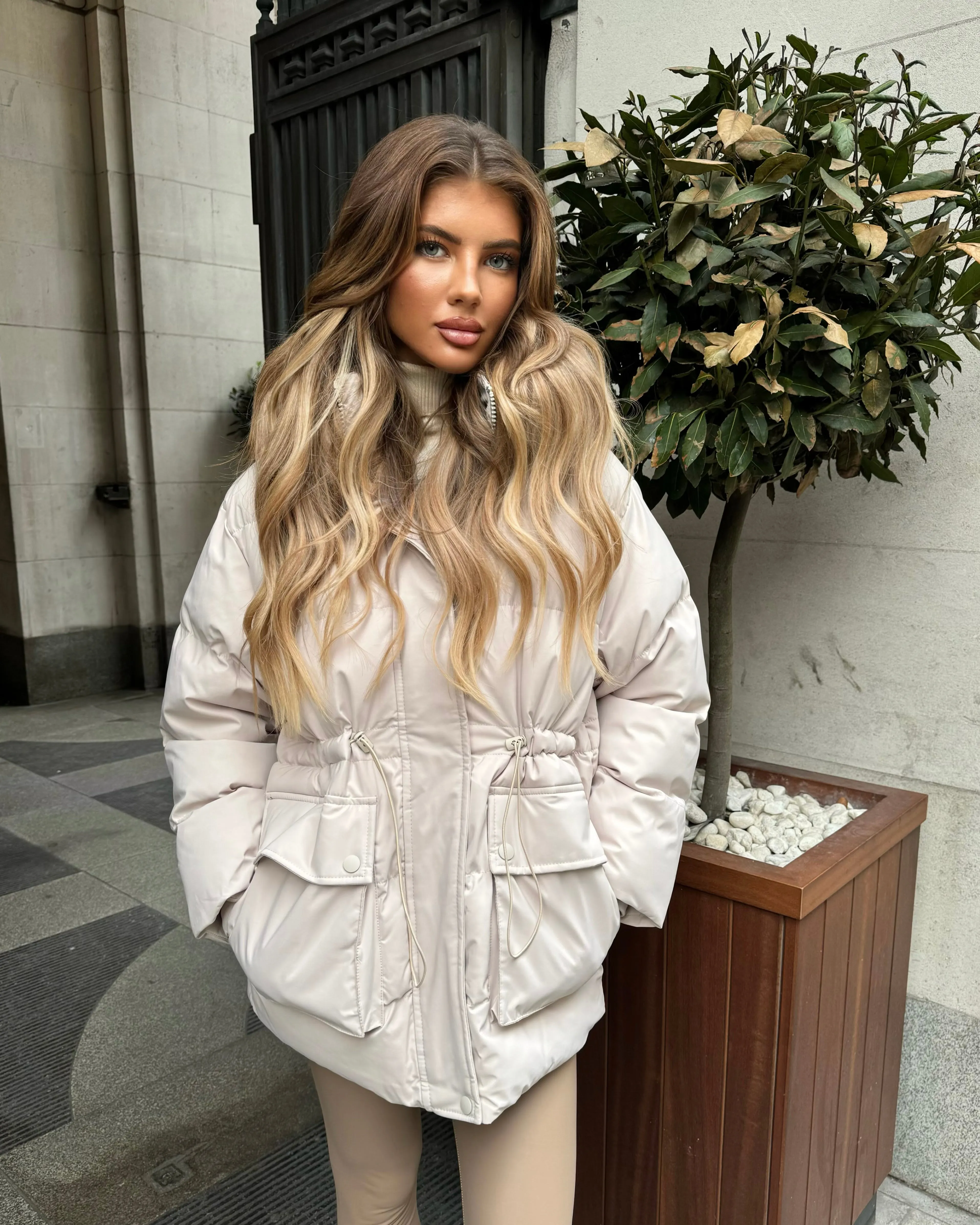 Aaliyah Padded Faux Fur Hooded Coat - Beige