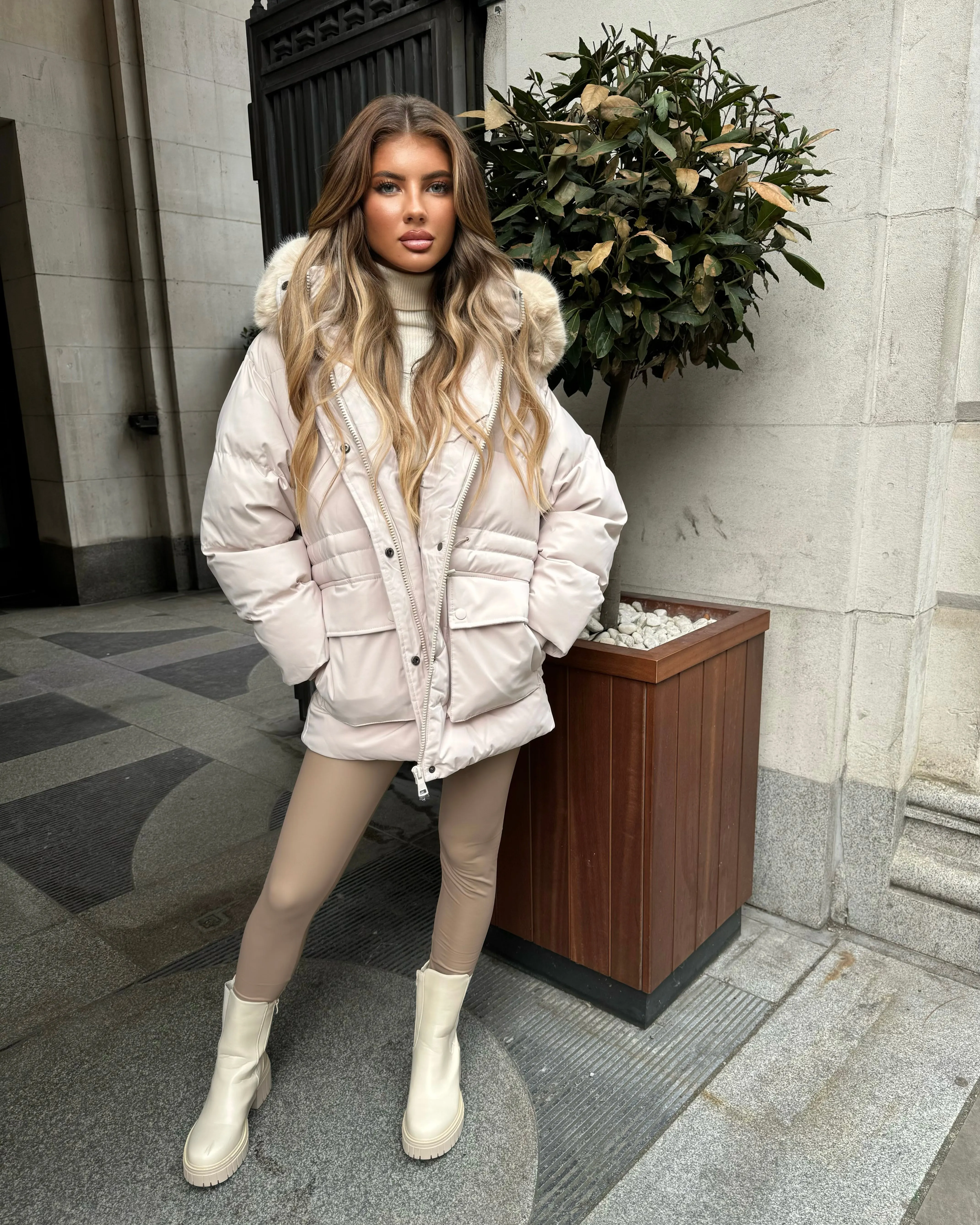 Aaliyah Padded Faux Fur Hooded Coat - Beige