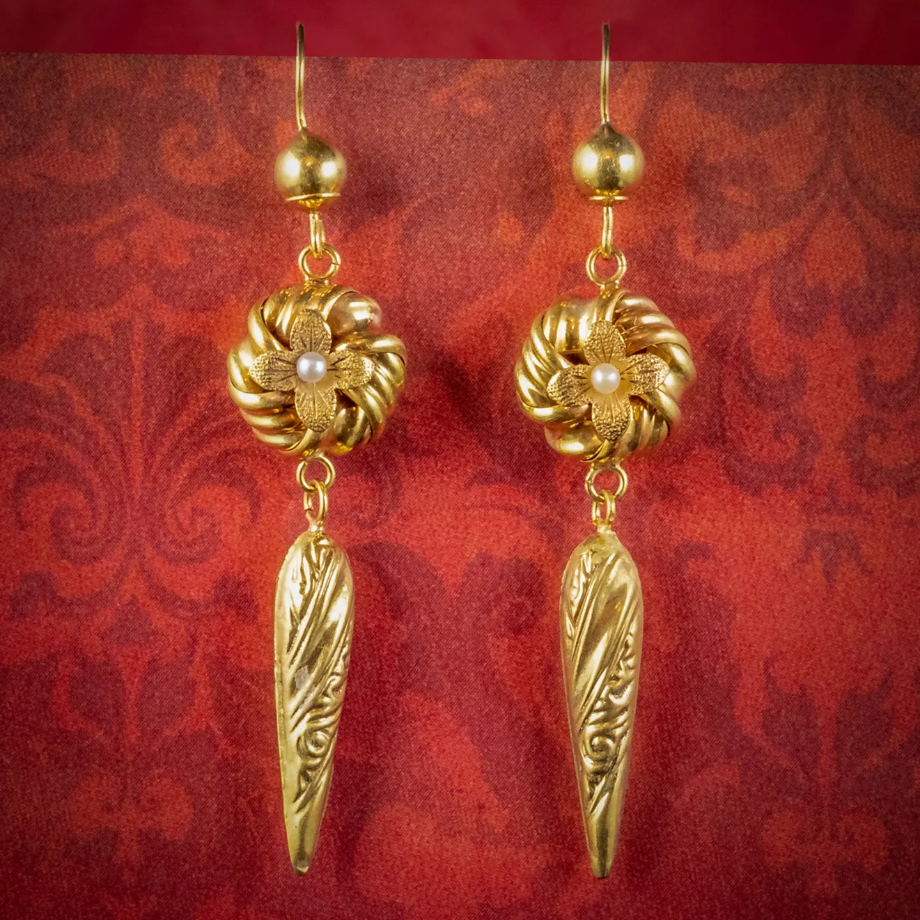 Antique Victorian Lovers Knot Pearl Earrings 15ct Gold Circa 1880