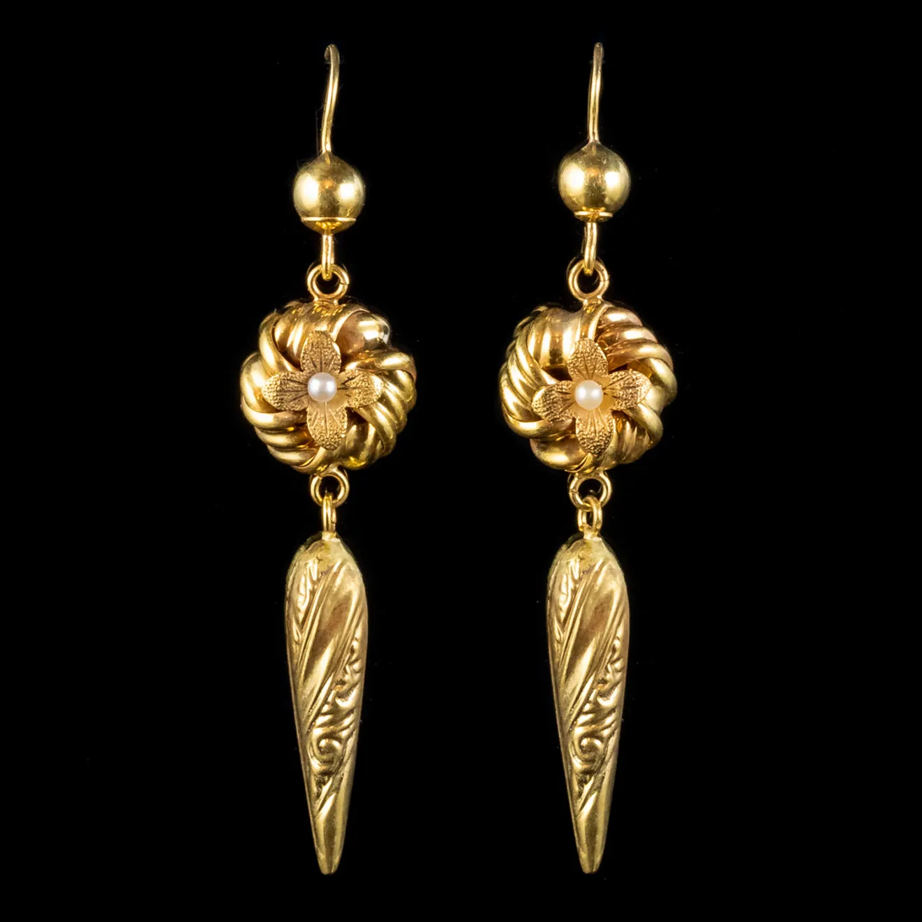 Antique Victorian Lovers Knot Pearl Earrings 15ct Gold Circa 1880