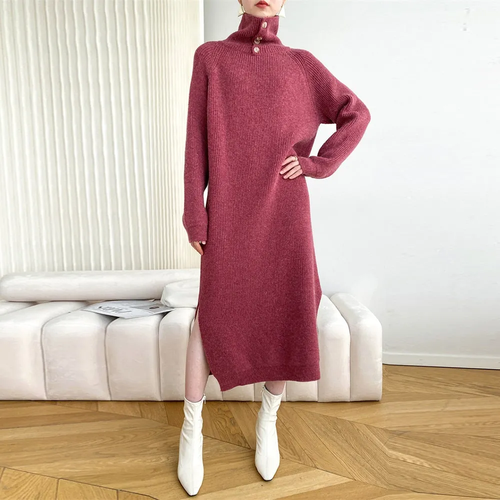 Autumn Knitting Dress For Women Turtleneck Long Sleeve Loose Knitting Minimalist Midi Dresses Female Clothing Style