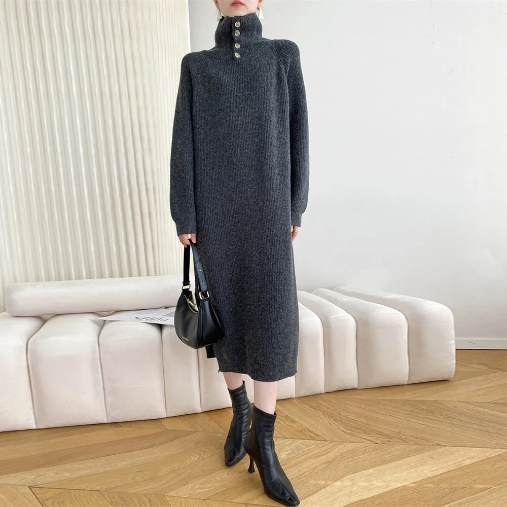 Autumn Knitting Dress For Women Turtleneck Long Sleeve Loose Knitting Minimalist Midi Dresses Female Clothing Style