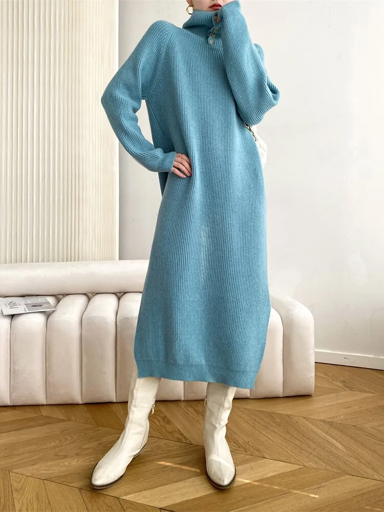 Autumn Knitting Dress For Women Turtleneck Long Sleeve Loose Knitting Minimalist Midi Dresses Female Clothing Style