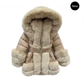 AW24 Girls Faux Fur Hooded Coat BEIGE In-Stock