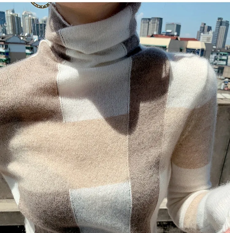 Back to college outfits Christmas Gift New Cashmere Sweater Women's High-Neck Color Matching 100% Pure Wool Pullover Fashion Plus Size Warm Knitted Bottoming Shir-A fx0615