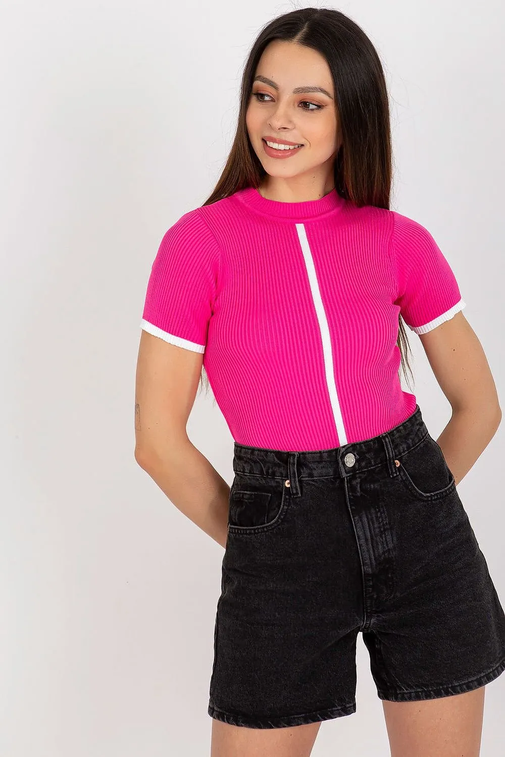 Badu Ribbed Contrast Detail Mock Neck Short Sleeve Top