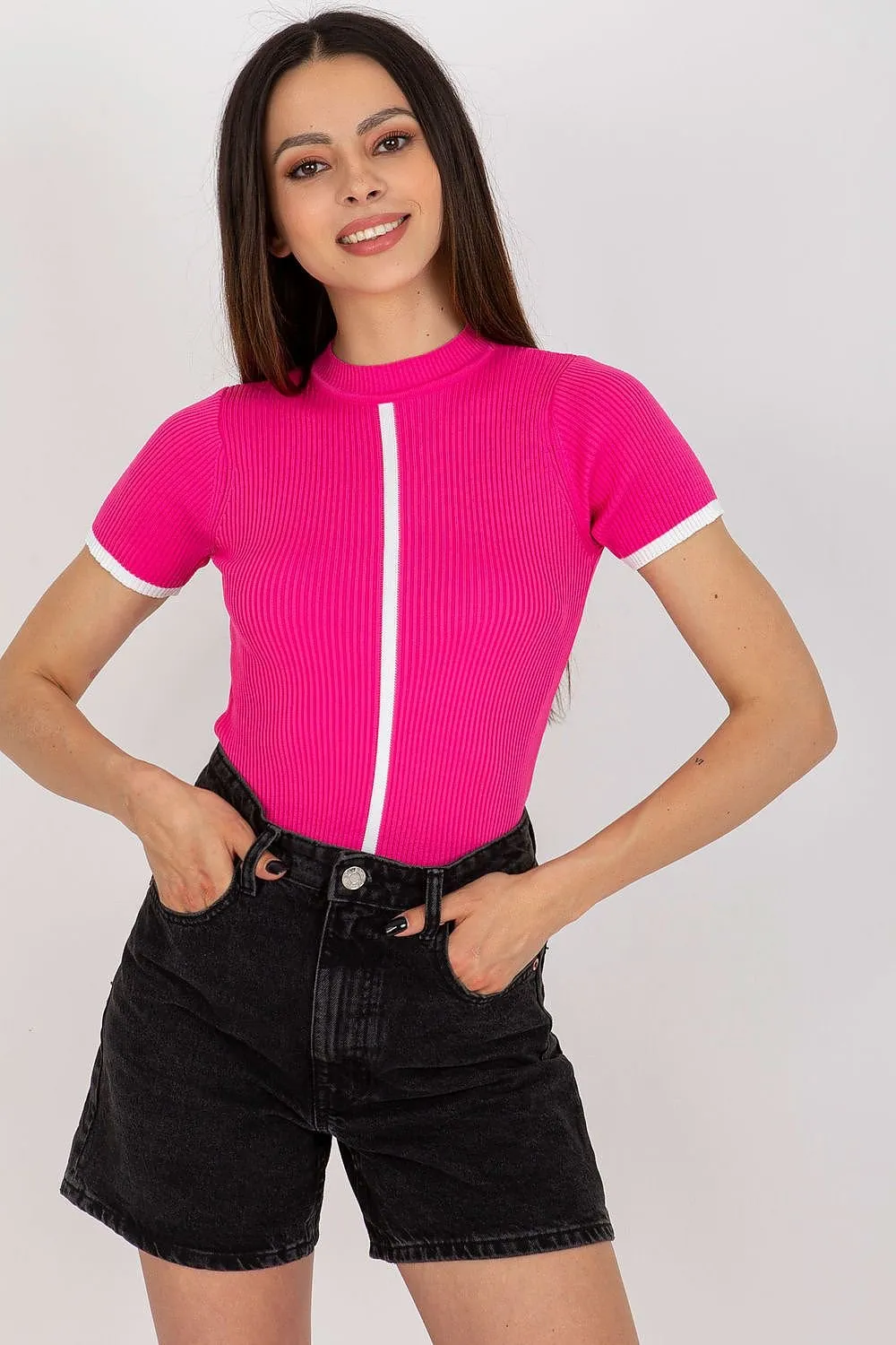 Badu Ribbed Contrast Detail Mock Neck Short Sleeve Top