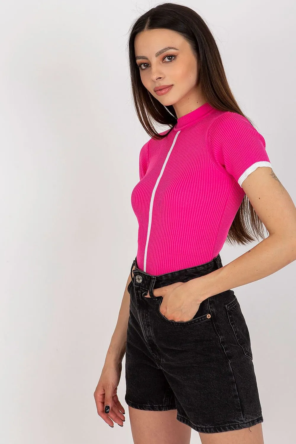 Badu Ribbed Contrast Detail Mock Neck Short Sleeve Top