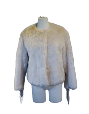 Beige Fur Coat with Leather Fringe Sleeves and Snap Closure