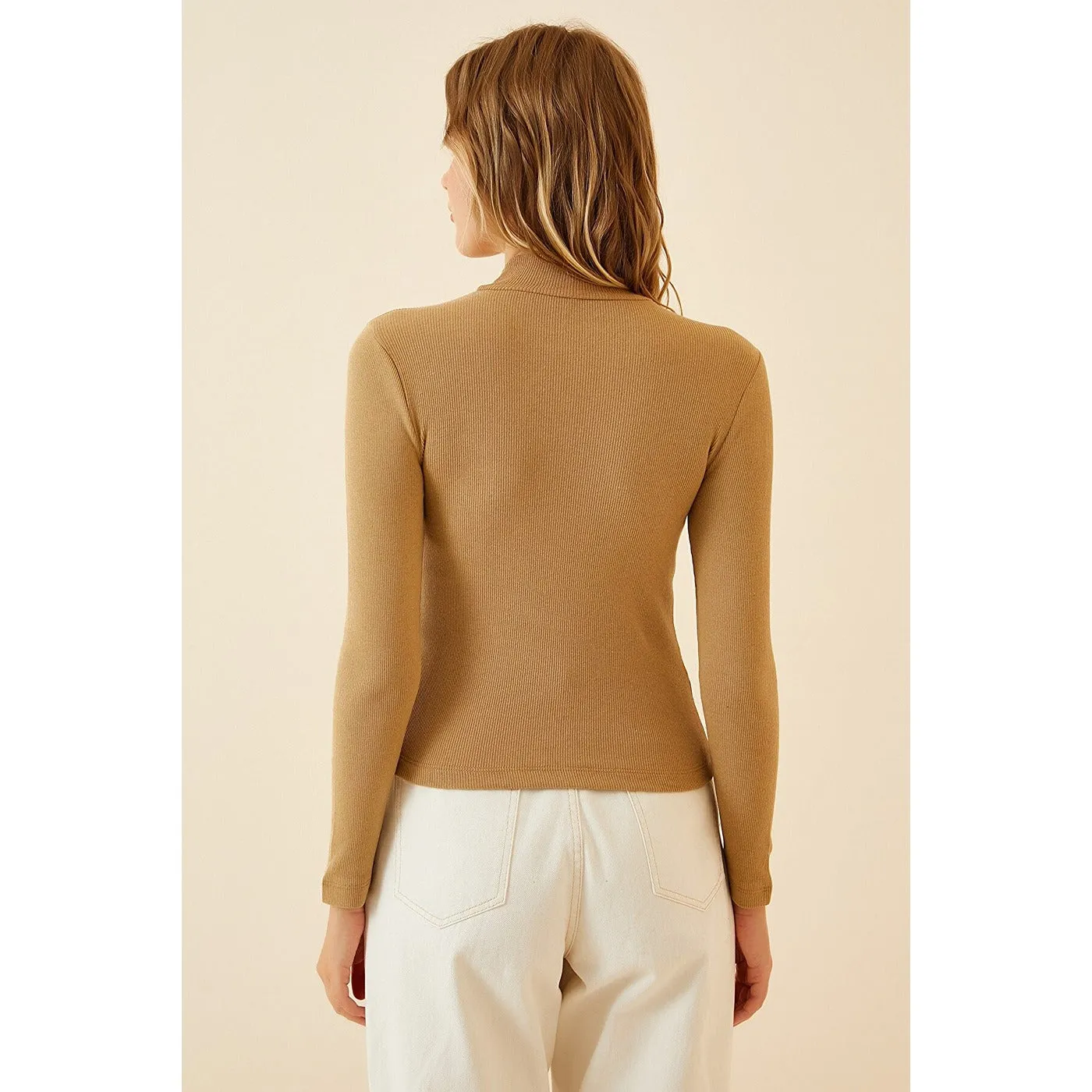 Beige Turtleneck Ribbed Knitted Blouse