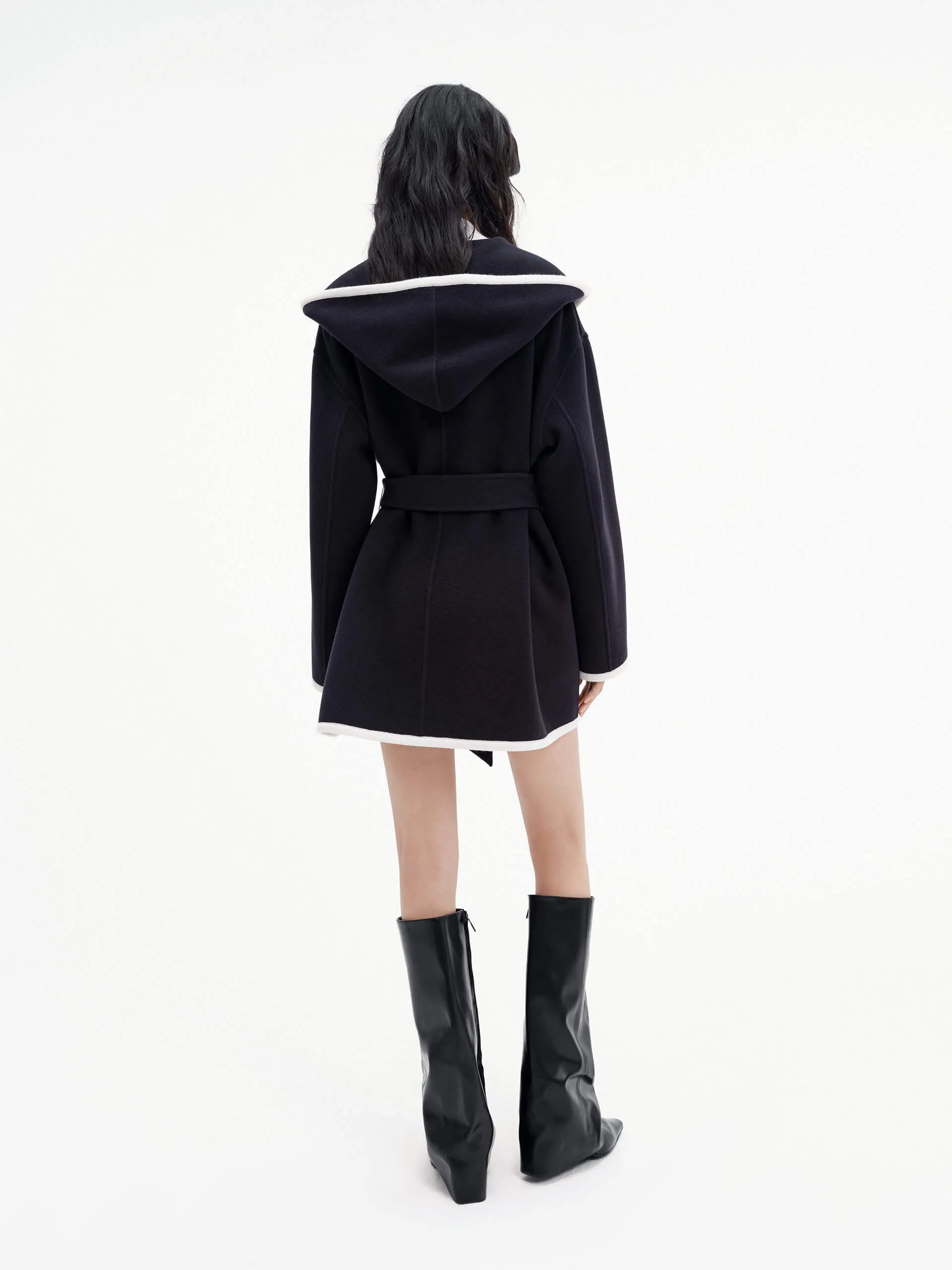 Belted Contrast Trim Coat