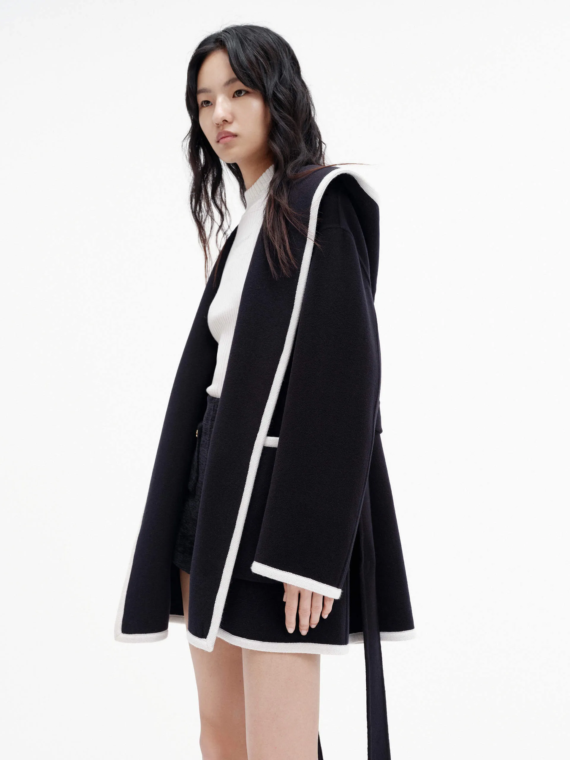 Belted Contrast Trim Coat