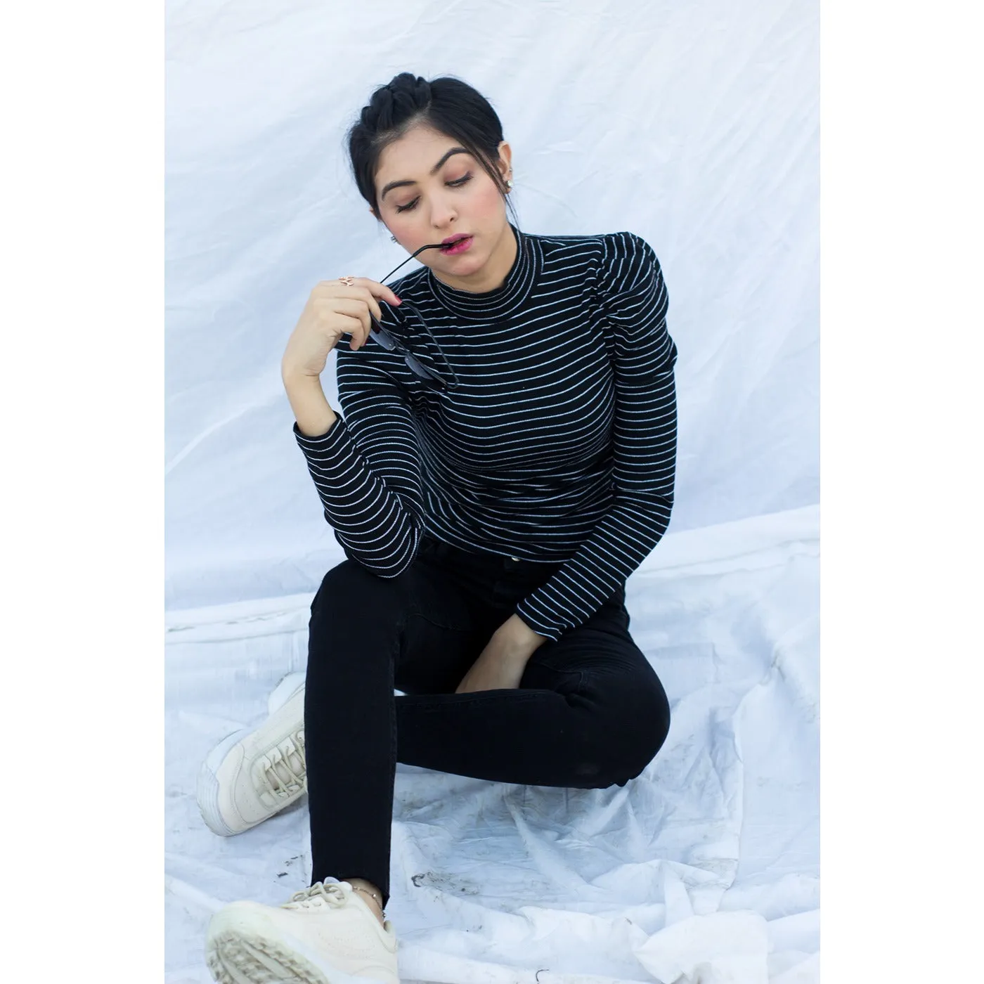 Black Stripes Puff Shoulder Turtleneck Top