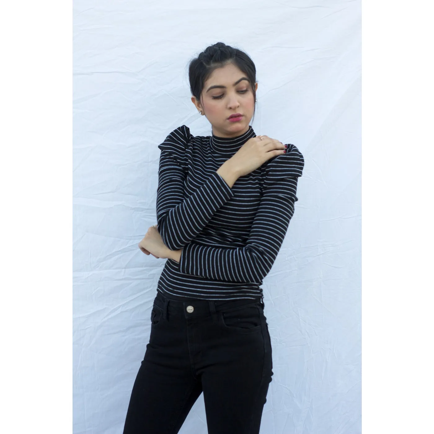 Black Stripes Puff Shoulder Turtleneck Top