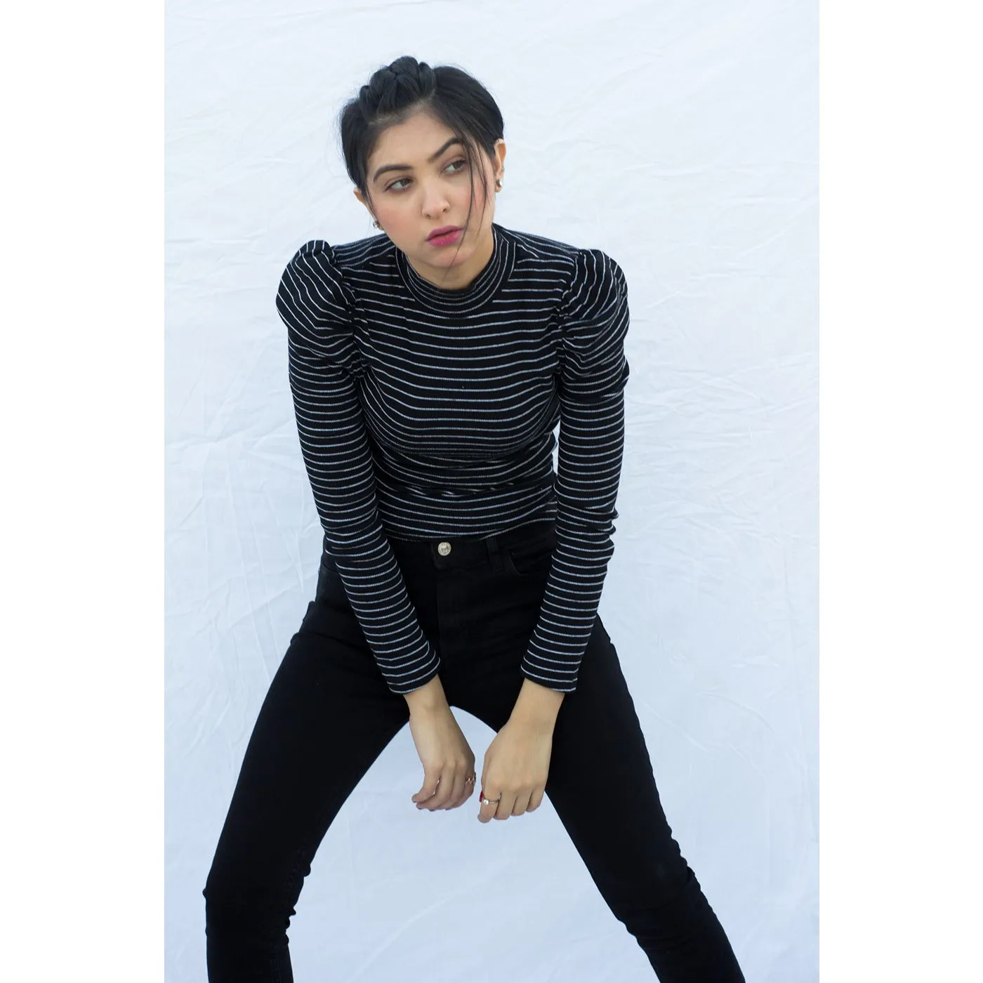 Black Stripes Puff Shoulder Turtleneck Top