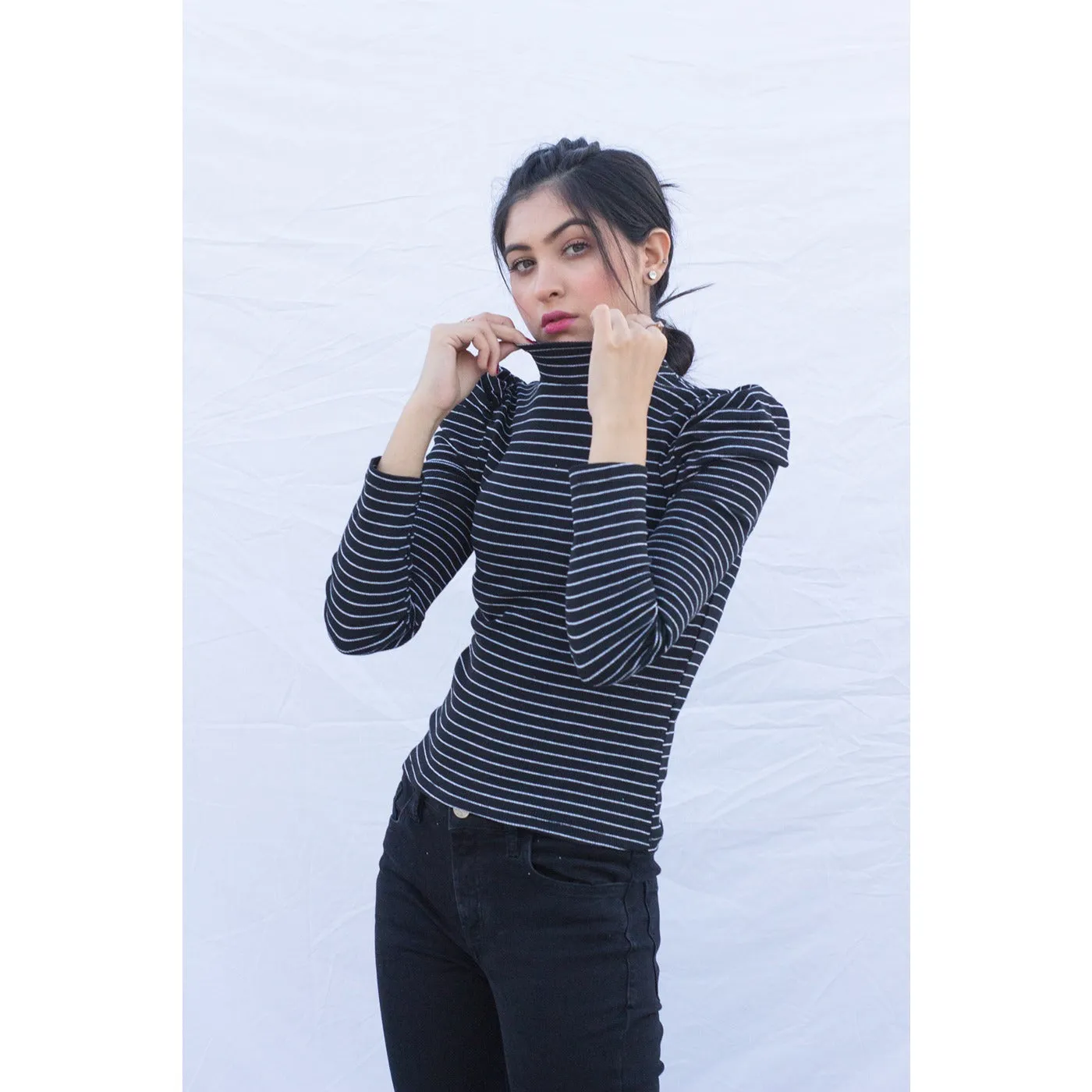 Black Stripes Puff Shoulder Turtleneck Top