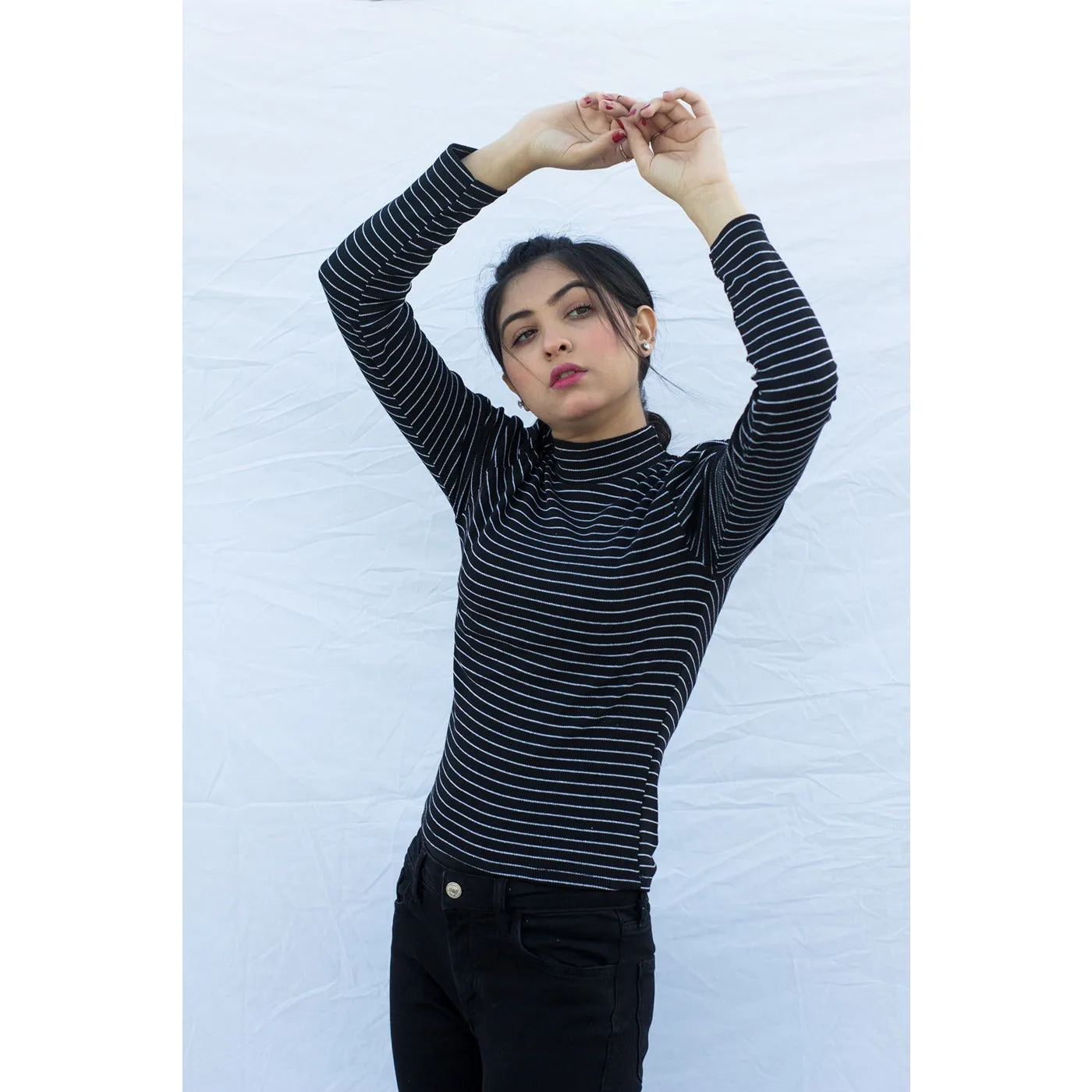 Black Stripes Puff Shoulder Turtleneck Top