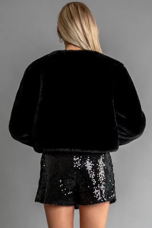 Black Womens Fur Coat And Sequin Short Pants Set