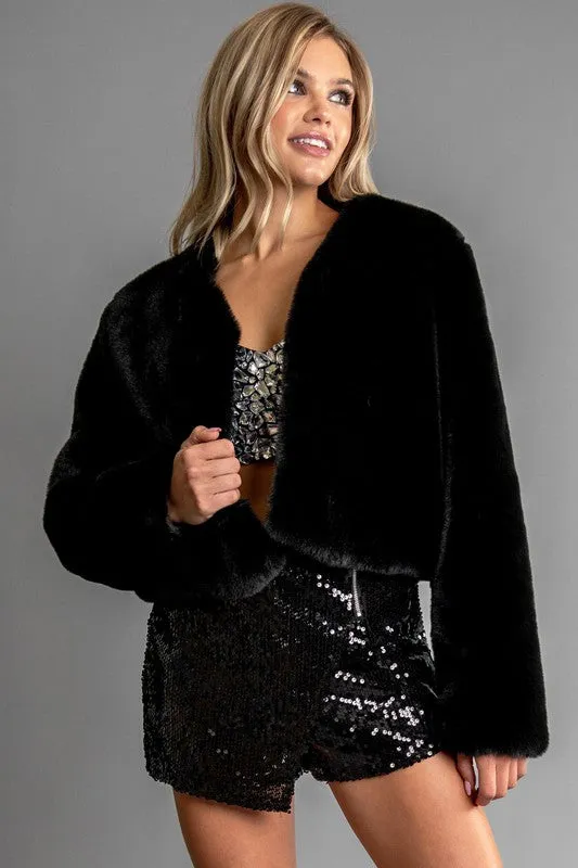 Black Womens Fur Coat And Sequin Short Pants Set