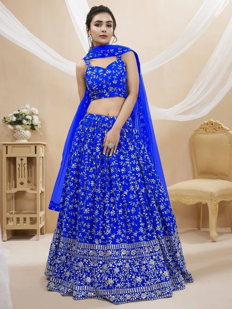 Blue Sequins Georgette Wedding Wear Lehenga Choli