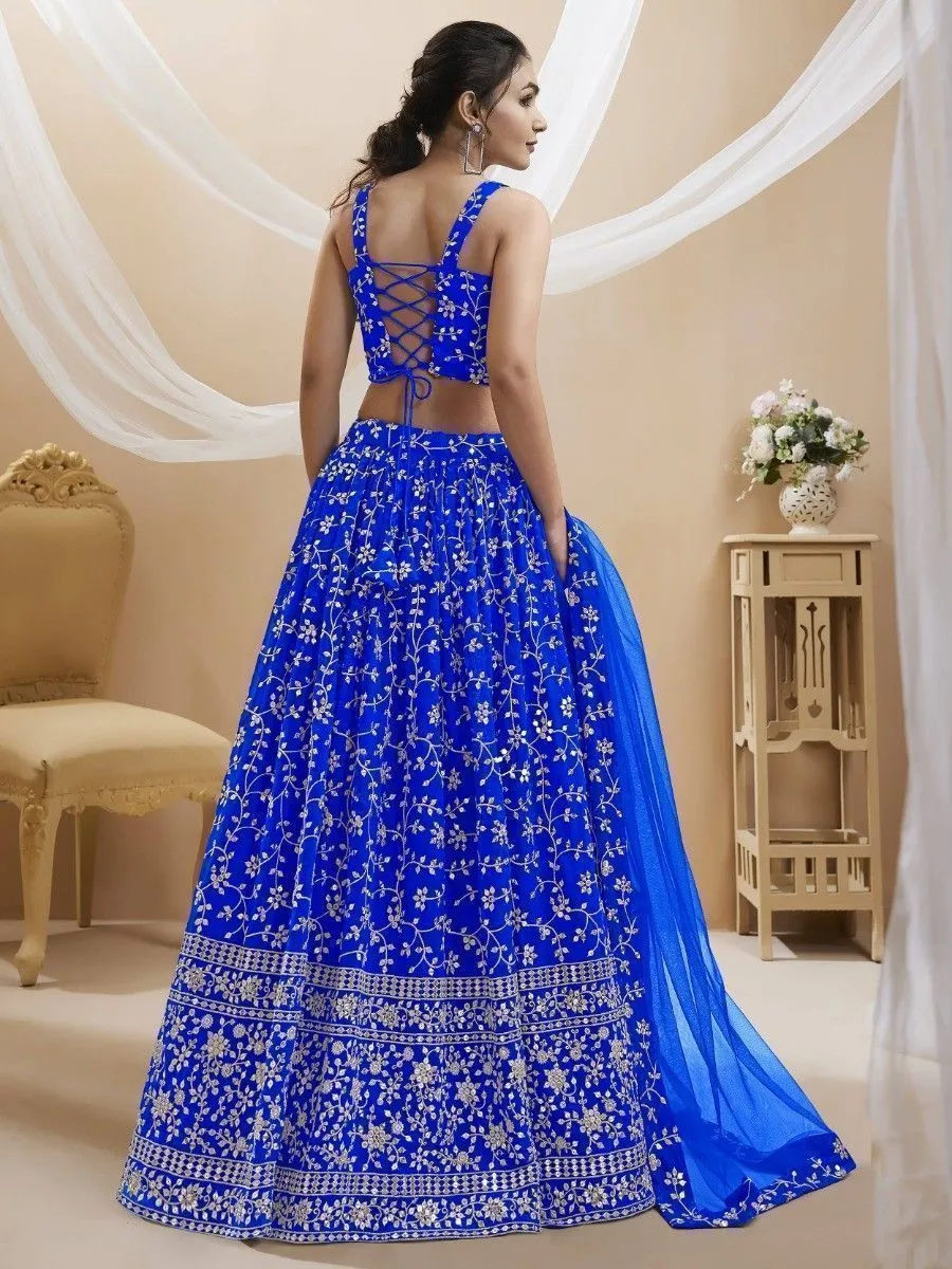 Blue Sequins Georgette Wedding Wear Lehenga Choli