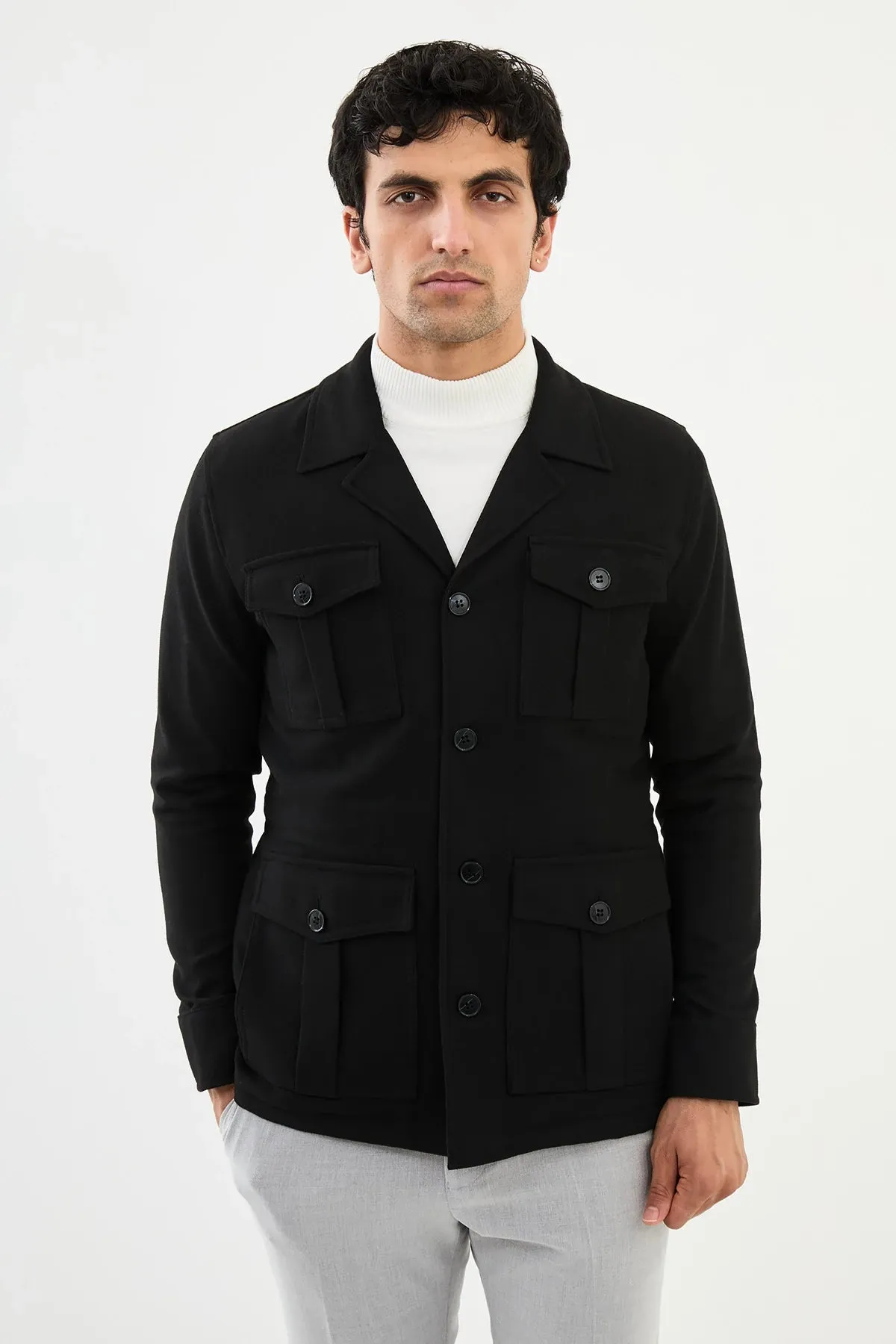 Bojoni Capena Safari Plain Black  Slim Fit Coat