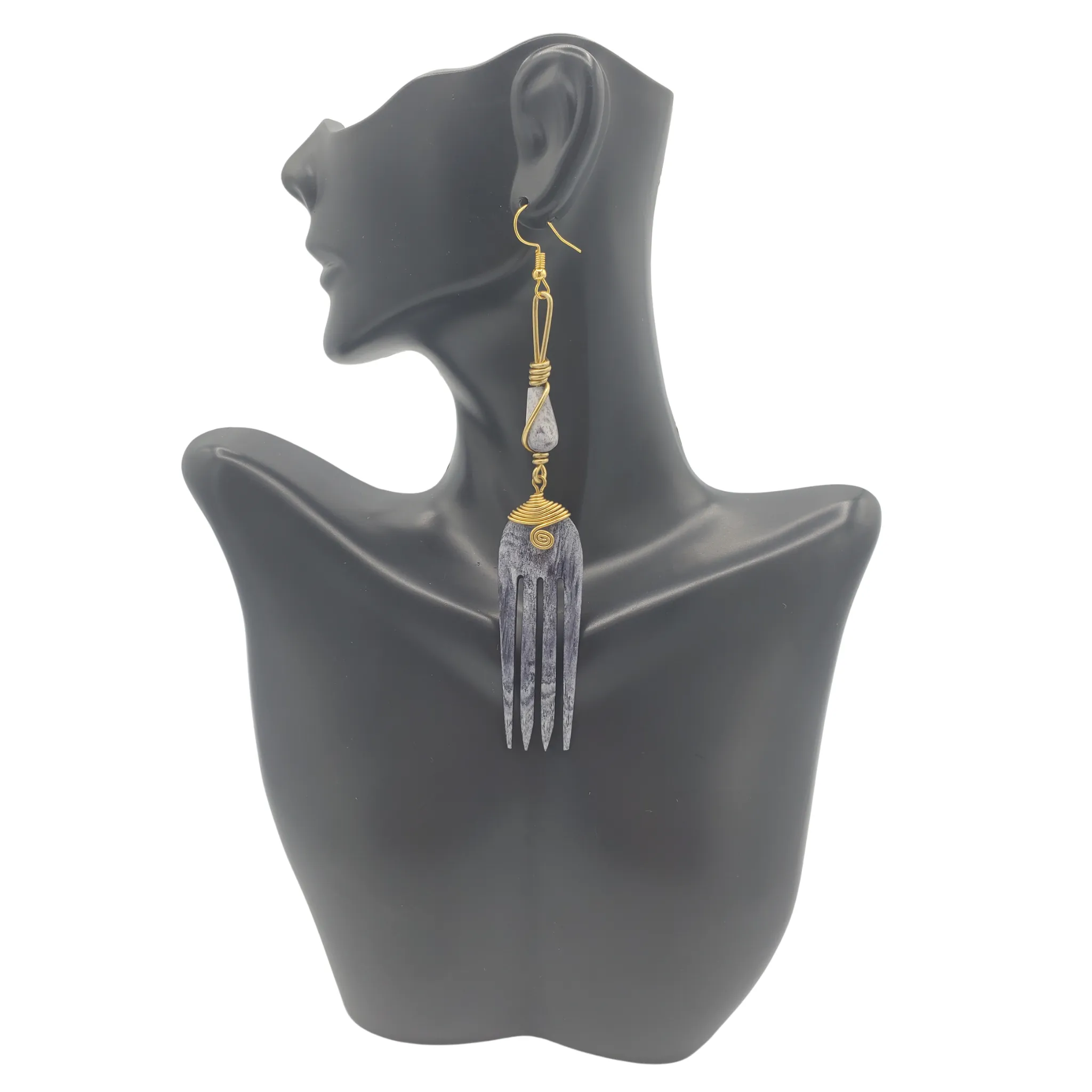 Bone & Brass Geometric Earrings, 'Marble'