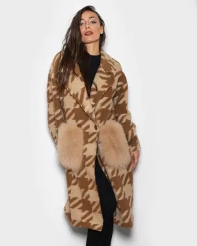 Brown Beige Patterned Fox Coat With Pockets