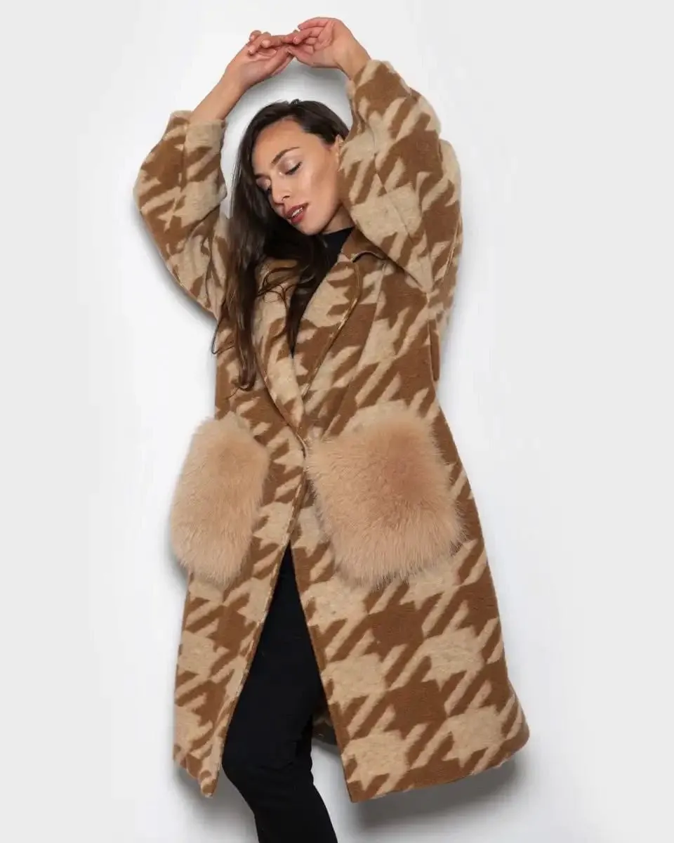 Brown Beige Patterned Fox Coat With Pockets