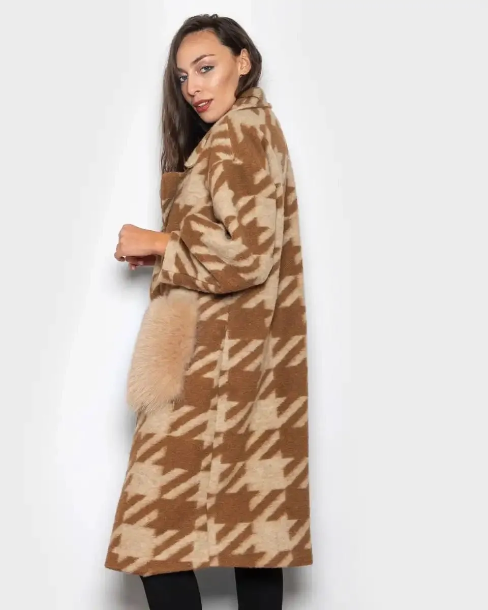 Brown Beige Patterned Fox Coat With Pockets