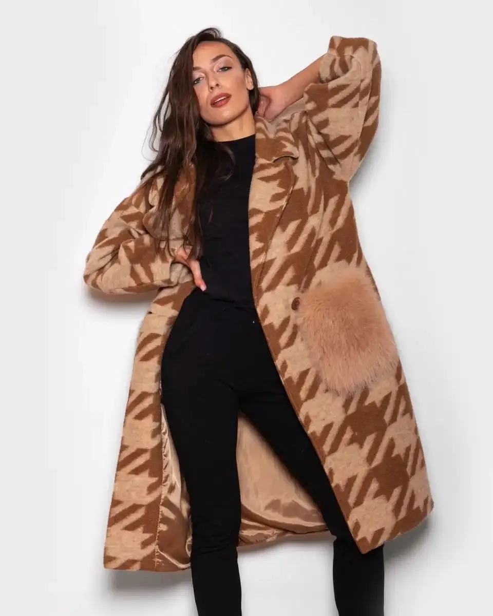 Brown Beige Patterned Fox Coat With Pockets