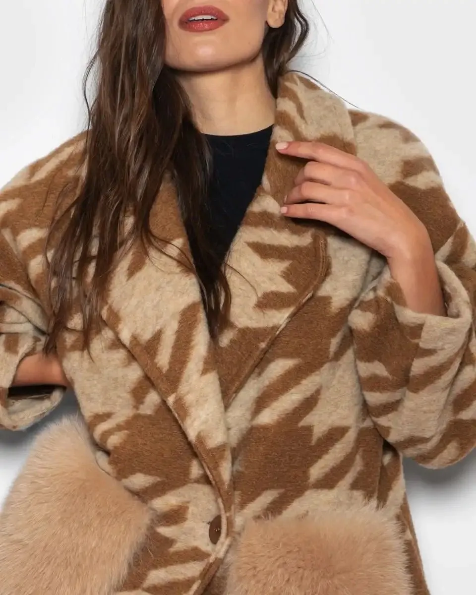 Brown Beige Patterned Fox Coat With Pockets