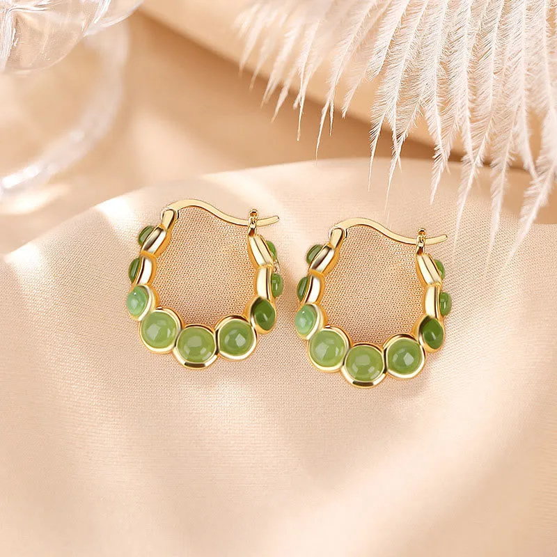 Buddha Stones 925 Sterling Silver Plated Gold Hetian Cyan Jade Pea Ear Clip Prosperity Earrings