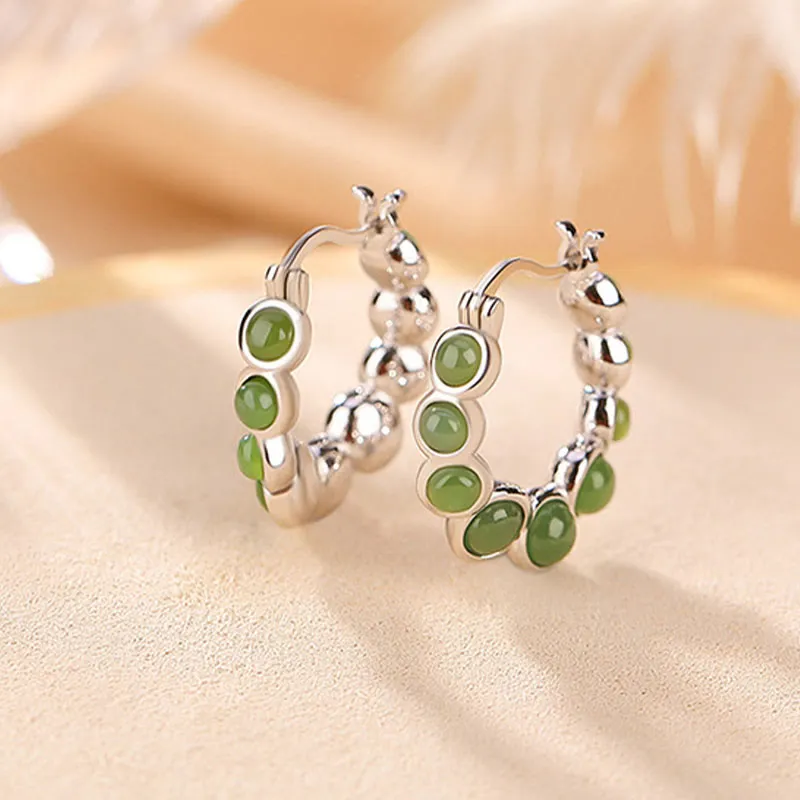 Buddha Stones 925 Sterling Silver Plated Gold Hetian Cyan Jade Pea Ear Clip Prosperity Earrings