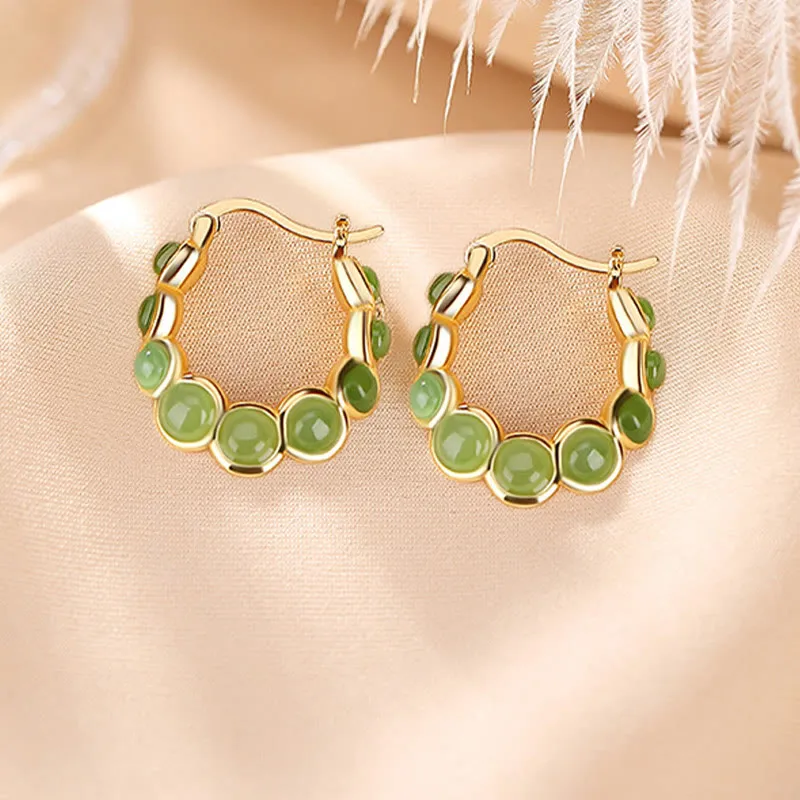 Buddha Stones 925 Sterling Silver Plated Gold Hetian Cyan Jade Pea Ear Clip Prosperity Earrings