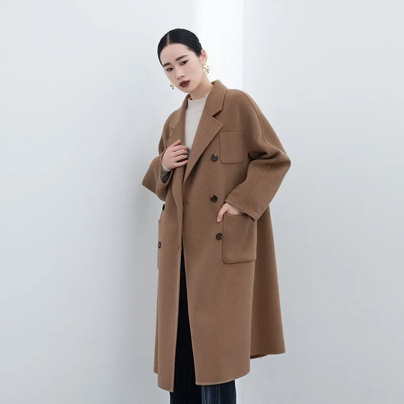 Camel Long Double Breasted Wool Coats