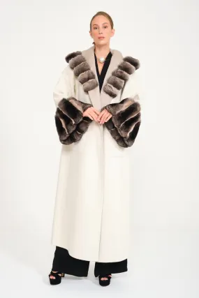 Casha / Milk Double Face Hooded Cashmere Chinchilla Fur Abaya