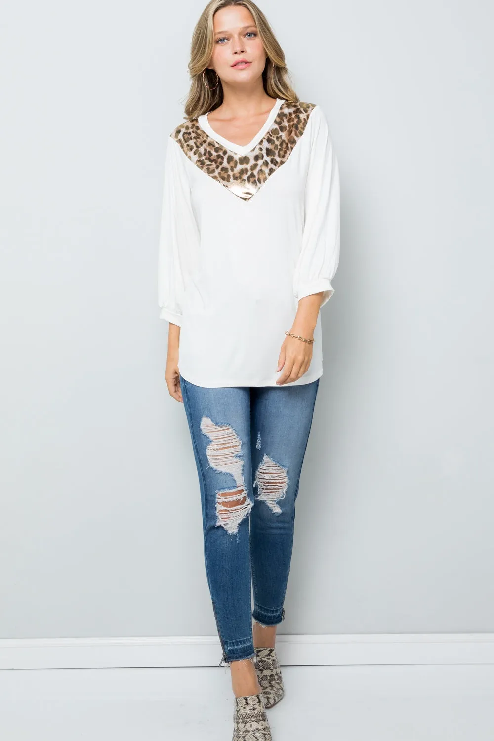 Celeste Full Size Leopard Contrast Balloon Sleeve Top