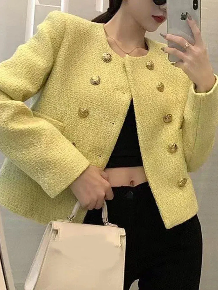 Chic Yellow Tweed Jacket Women  Autumn Double Breasted O-neck Woolen Coat Ladies Office Winter Elegant Street Outerwear