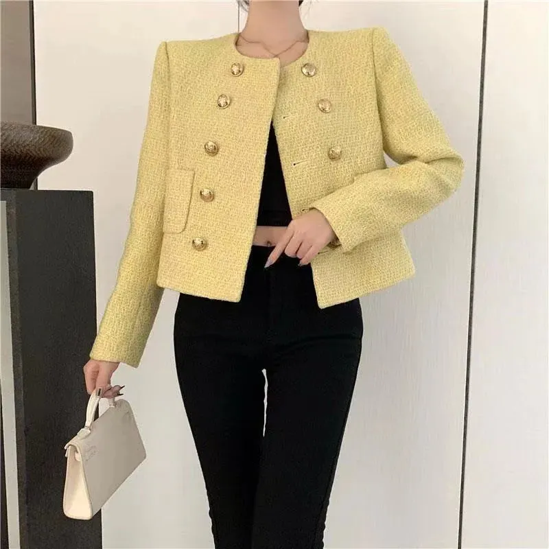 Chic Yellow Tweed Jacket Women  Autumn Double Breasted O-neck Woolen Coat Ladies Office Winter Elegant Street Outerwear