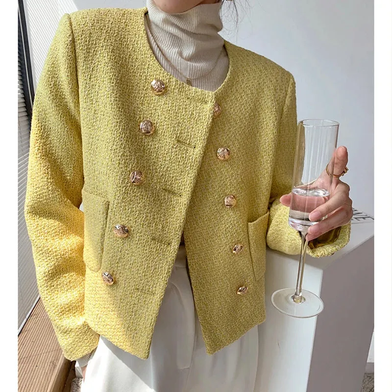 Chic Yellow Tweed Jacket Women  Autumn Double Breasted O-neck Woolen Coat Ladies Office Winter Elegant Street Outerwear